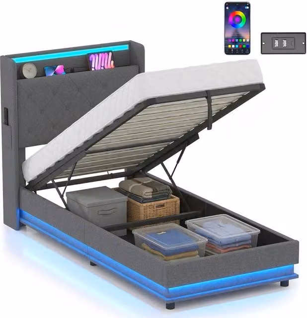 FORGEVIO Modern Lift Up Storage Bed Frame with RGB LED Under-Bed Lighting in Grey Fabric, W/D/H: 90 x 190 cm – 1