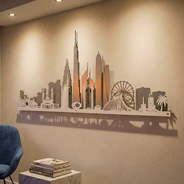 Laser Hut Dubai Skyline Modern Metal Wall Art in Grey and White