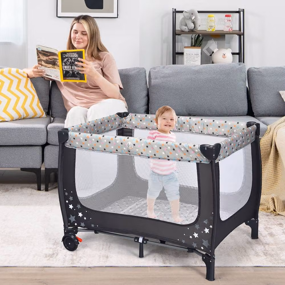 Costway 2-in-1 Foldable Baby Playpen and Bassinet Bed Activity Centre with Mattress in Grey and Multicolour – 4