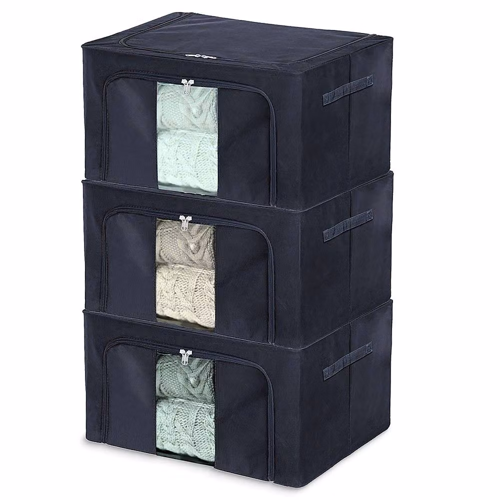 YnysTec 3-Piece Zipped Clothes Storage Bags in Dark Blue, Large Wardrobe Closet Organiser Boxes with Lids – 3