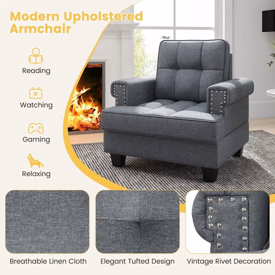 Costway Modern Accent Armchair in Grey, Tufted Upholstered Linen Club Chair with Extra Pillow – 5