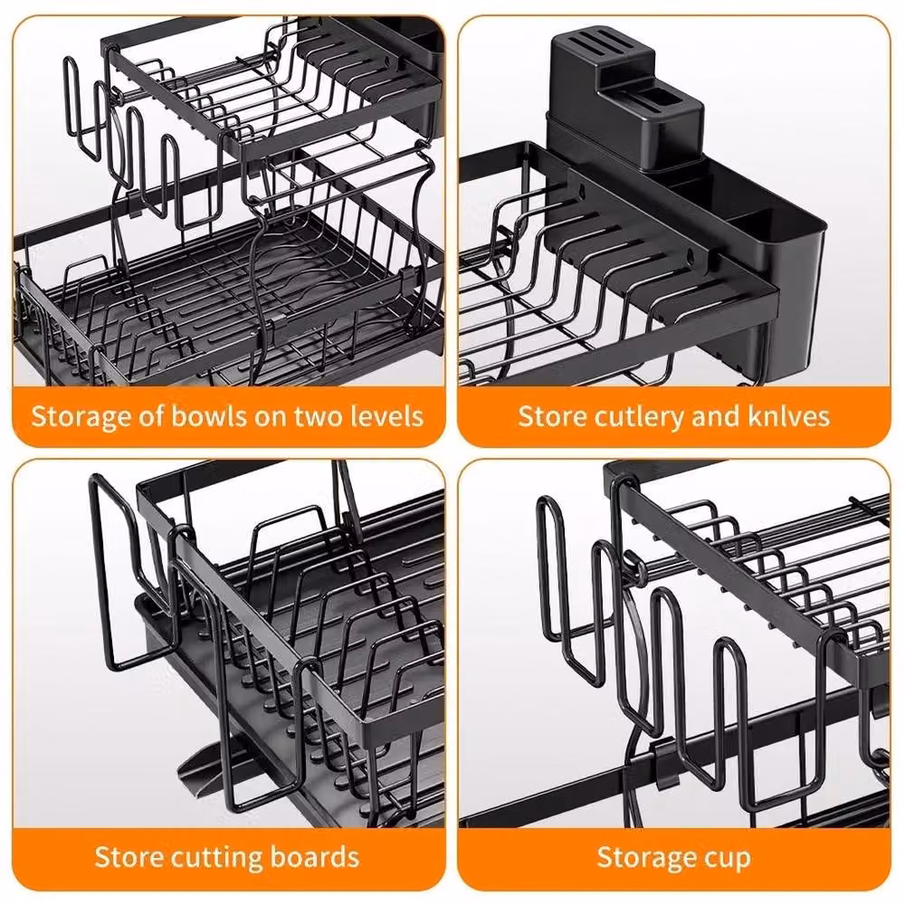 FORGEVIO 2 Tier Kitchen Dish Drainer Rack with Cutlery Holder and Drip Tray, Black – 4