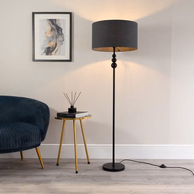 ValueLights Matt Black Stacked Ball Floor Lamp with Charcoal Grey Fabric Drum Shade and LED Bulb – 1