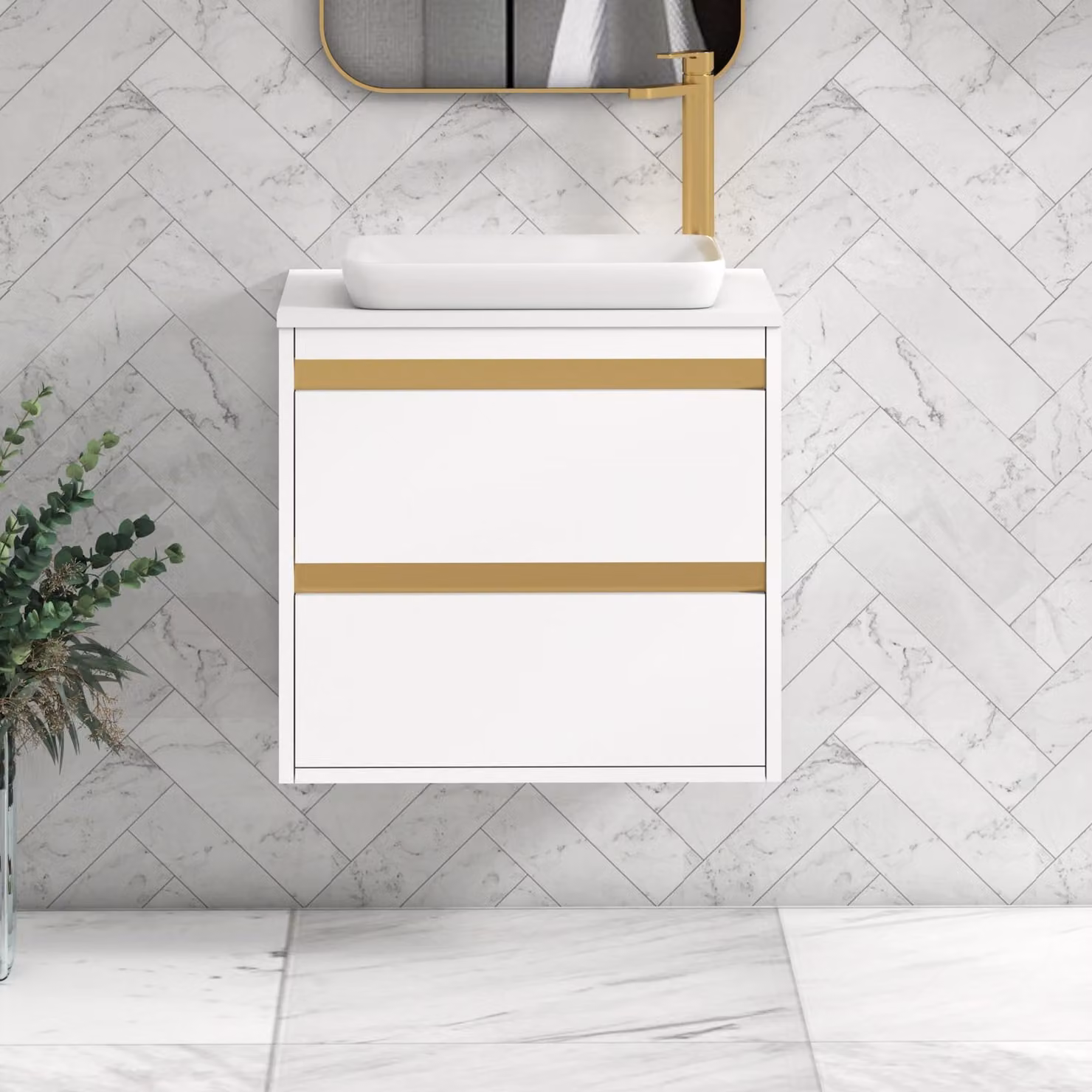 Royal Bathrooms Orion 600mm Matt White Wall Hung 2 Drawer Vanity Unit with Qubix Basin and Brushed Brass Accent Trim
