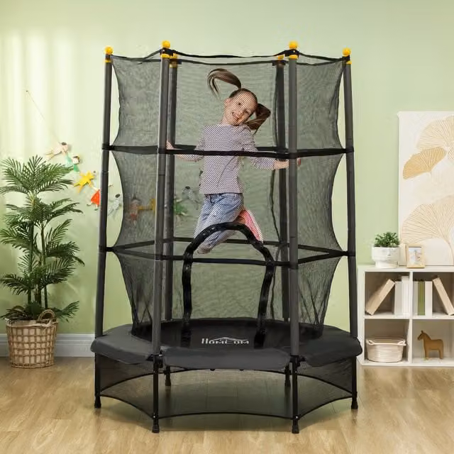 HOMCOM Black Kids Mini Trampoline with Safety Net Enclosure