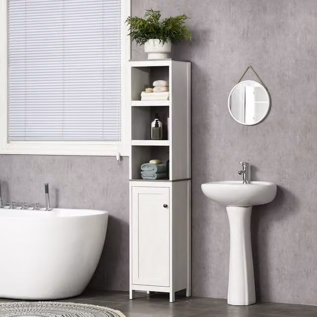 kleankin Tall White Bathroom Storage Linen Tower with Adjustable Shelves and Hinged Doors