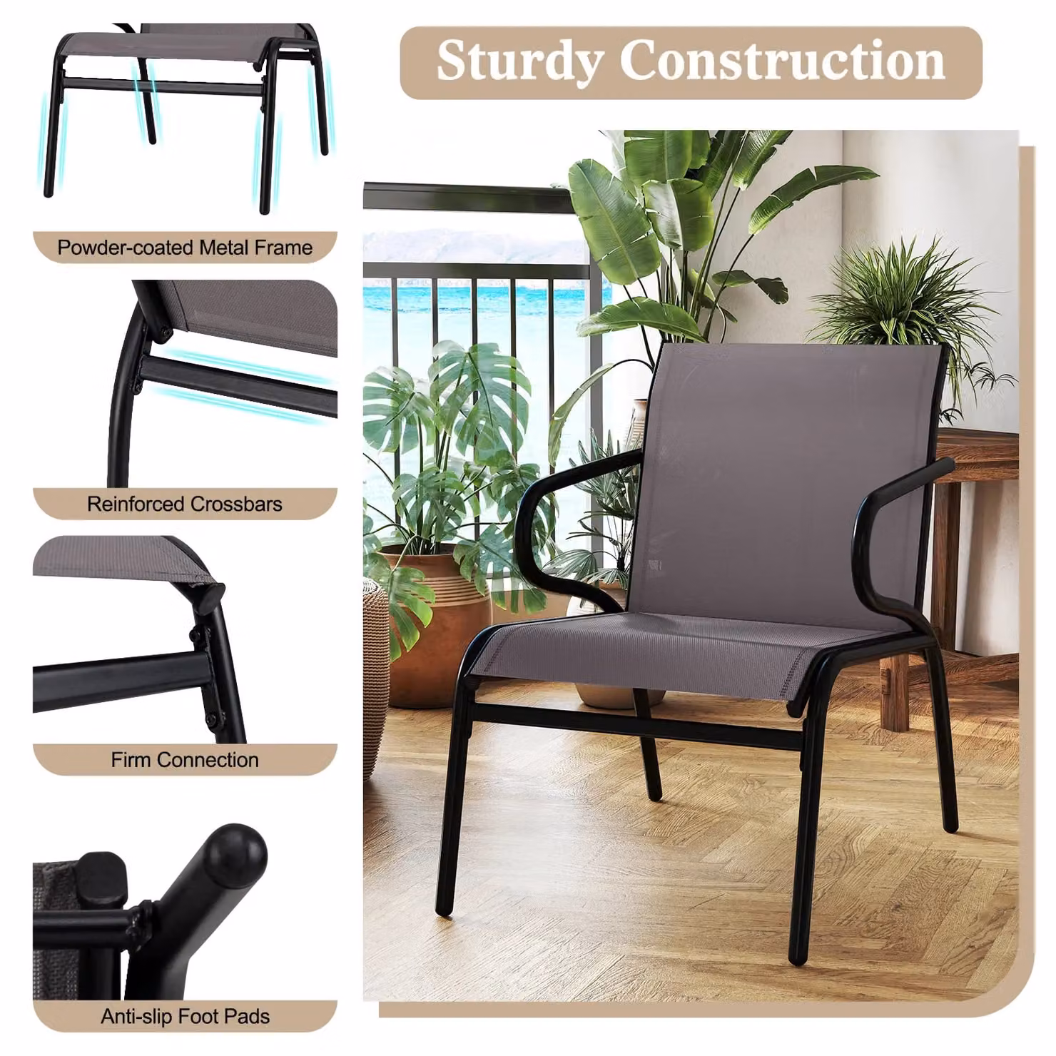 Costway Set of 2 Modern Metal Outdoor Dining Armchairs in Matt Grey – 6