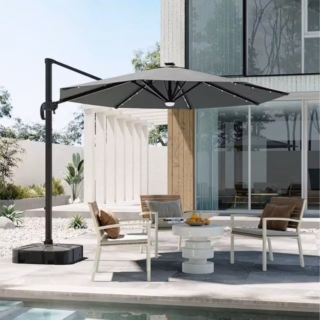 Komore Black Aluminium Round Cantilever Parasol with Solar-Powered Lights and Polyester Canopy