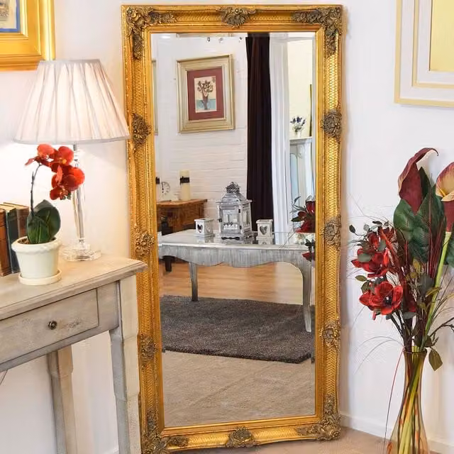 MirrorOutlet Abbey Leaner Gold Gallery Mirror, H 175.0 cm x W 78.0 cm x D 1.0 cm, Gold