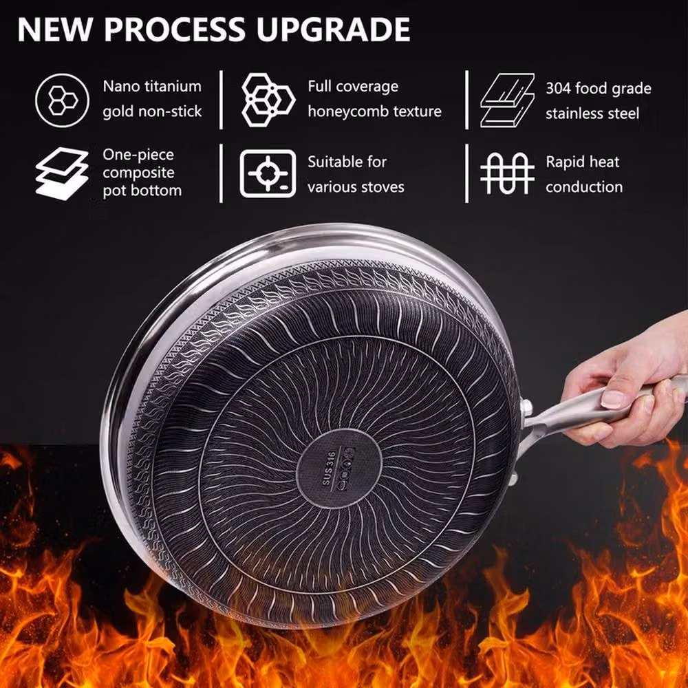 FLAVORA Stainless Steel Induction Geo Hex Frying Pan with Lid, Silver, Diameter: 30 cm – 5