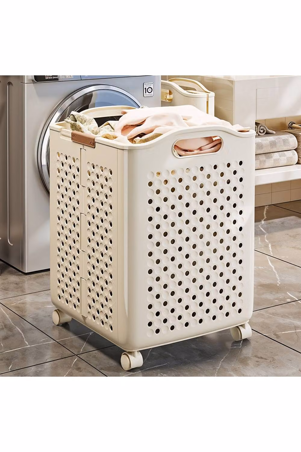 Living and Home Foldable Rolling Laundry Basket with Wheels in Beige – 2