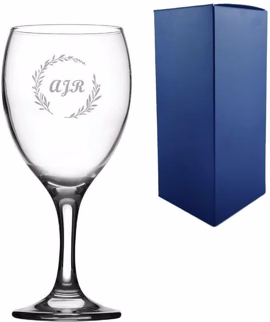 Uniqueful Personalised Imperial Wine Glass with Wreath Design and Custom Initials, 355 ml, Clear