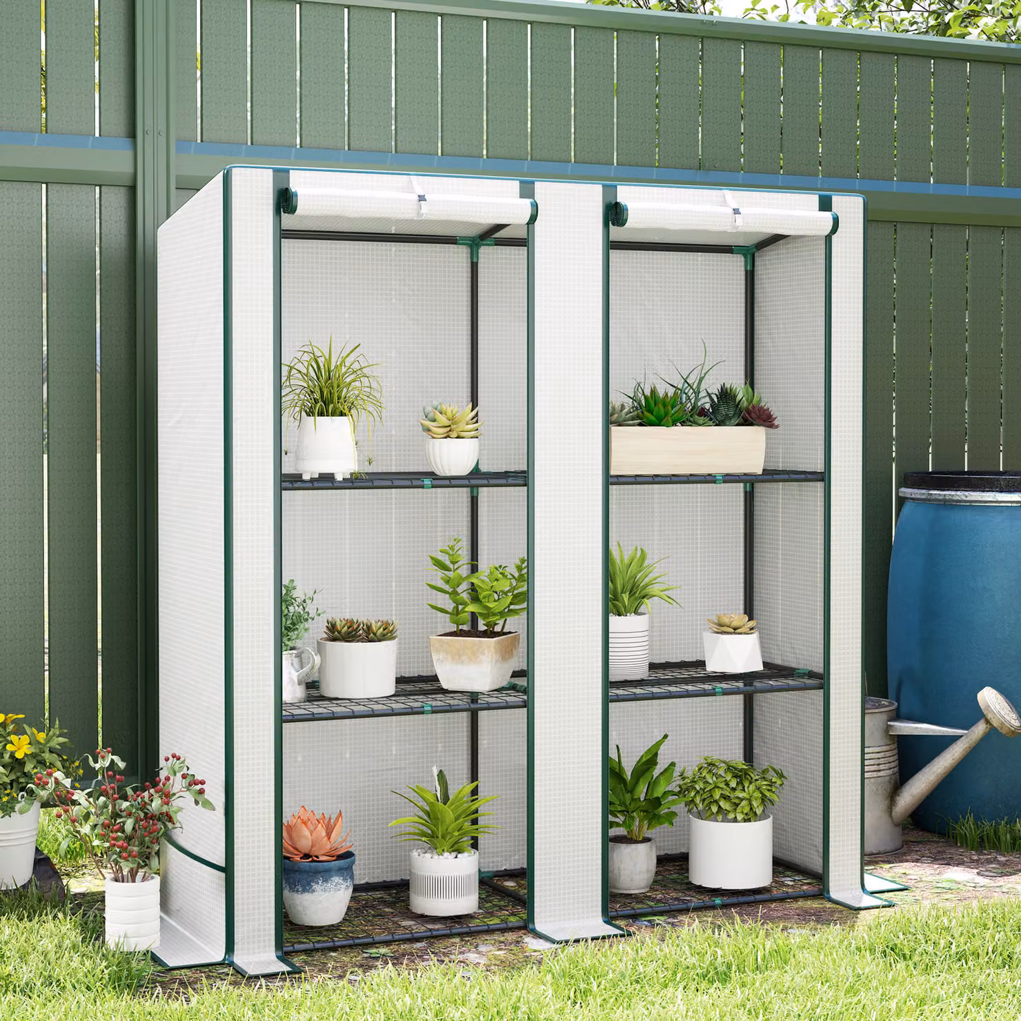 Outsunny Three-Tier Mini Greenhouse in White with Steel Frame and Plastic Shelving, H 152 cm x W 144 cm x D 48 cm – 2
