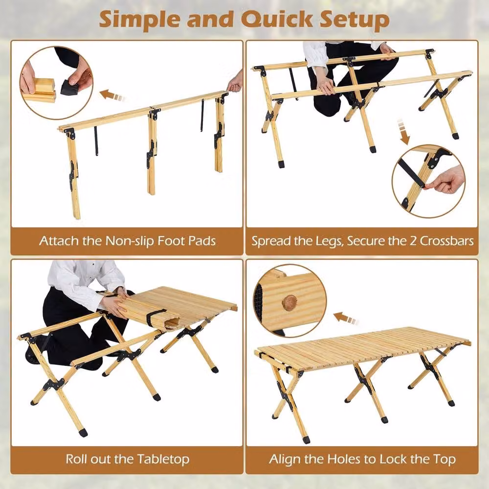 FORGEVIO Natural Pine Wood Roll-Up Portable Picnic Table with Carrying Bag – 4