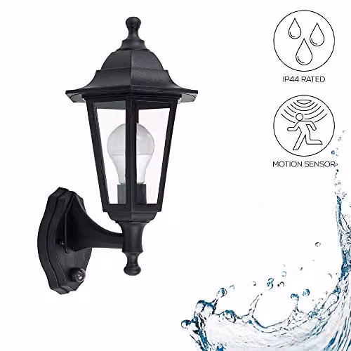MiniSun Traditional Black Outdoor PIR Motion Sensor Wall Lantern with 10W Warm White LED Bulb – 4