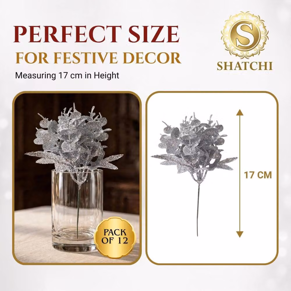 Shatchi Silver Glitter Eucalyptus and Maple Leaf Pick, 12 Pack, Height: 17 cm – 3