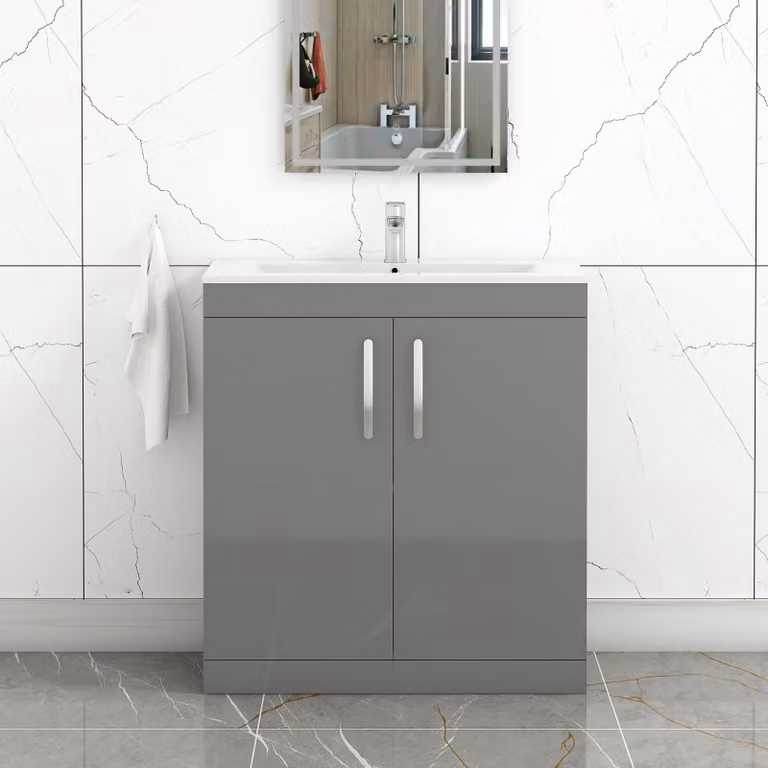 Royal Bathrooms Turin 800mm Floor Standing 2 Door Vanity Unit with Minimalist Basin in White and Grey