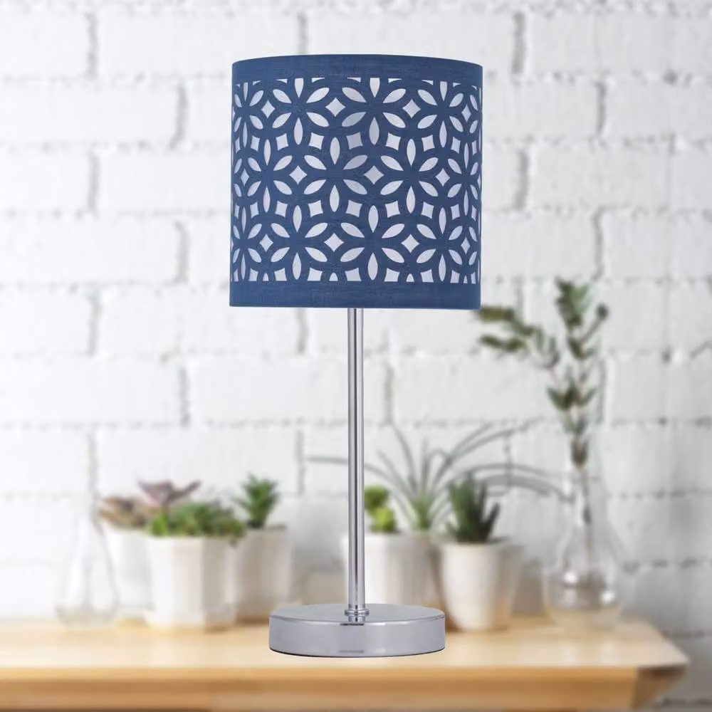 First Choice Lighting Chrome Stick Table Lamp with Blue and Silver Laser Cut Fabric Shade – 3