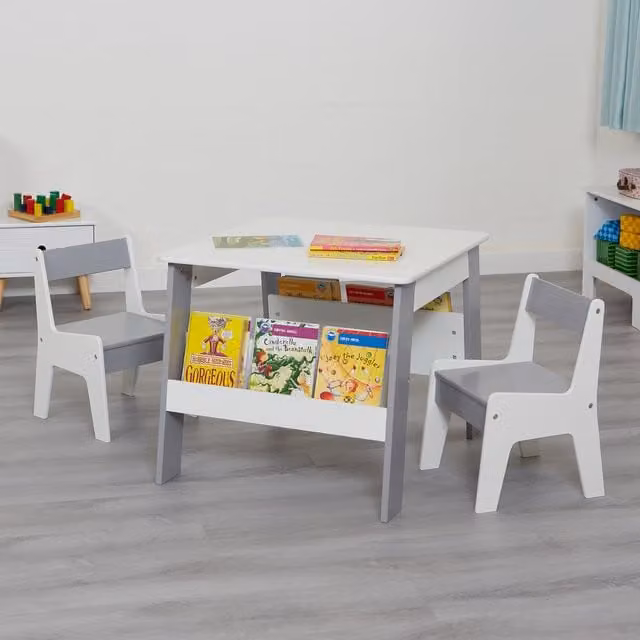 Liberty House Toys Kids Bookshelf Table and Chair Set in White and Grey