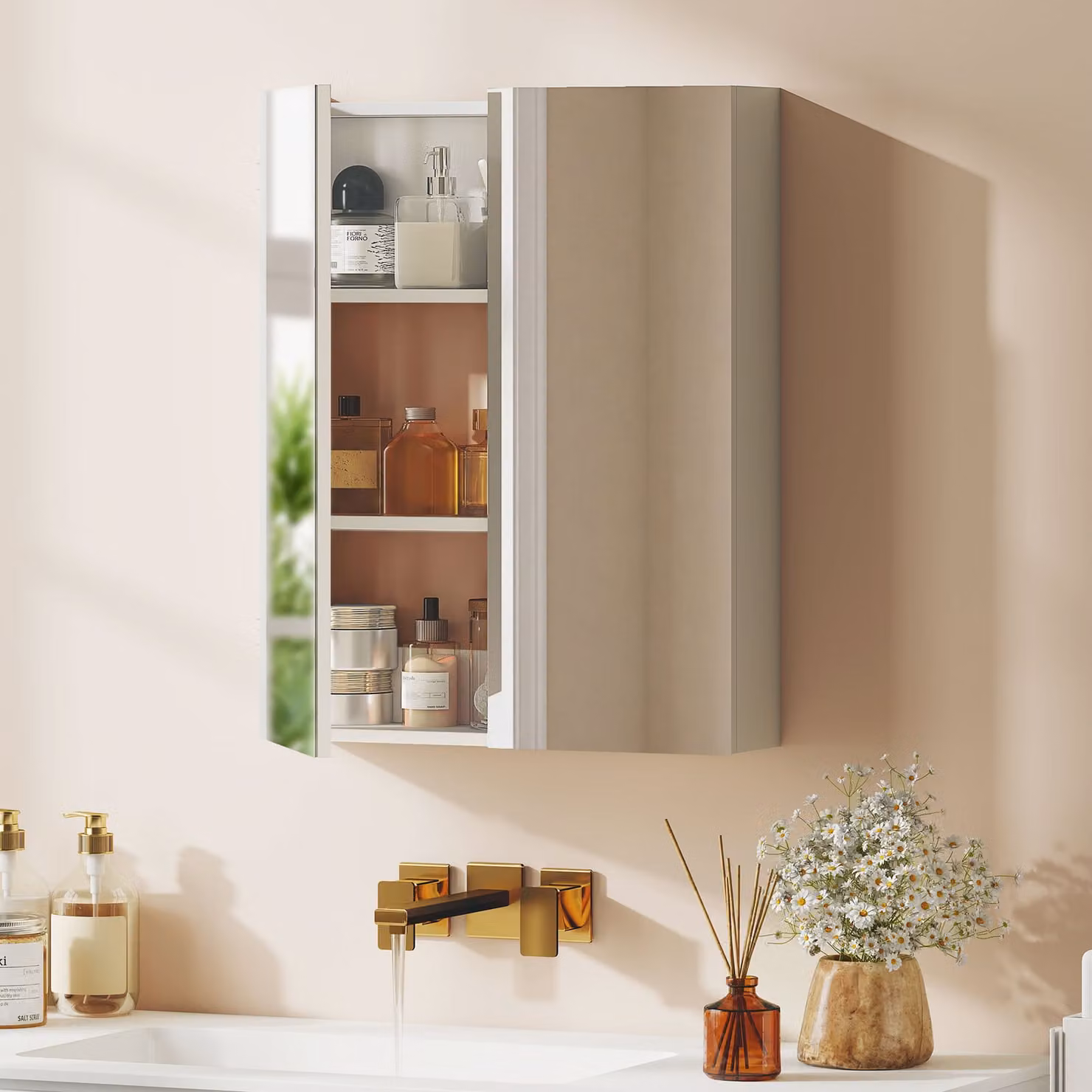 HOMCOM White Wall Mounted Bathroom Mirror Storage Cabinet with Hinged Soft Close Doors and Internal Shelves – 1