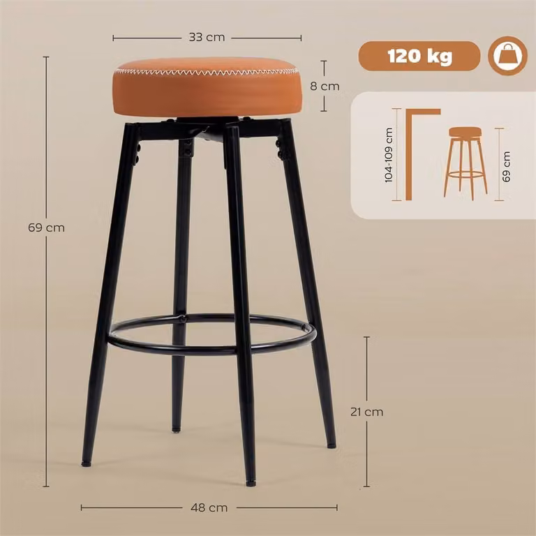 EONLION Set of 2 Modern Brown PU Leather Barstools with Metal Legs, Height: 100 cm
