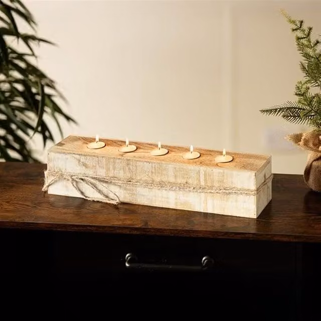 Marco Paul Rustic Wooden 5 Tealight Candle Holder Table Centrepiece in Brown