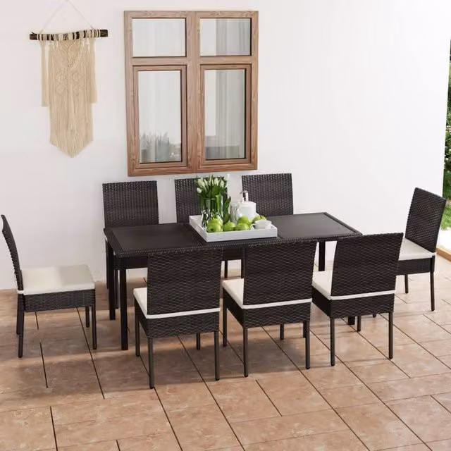 Berkfield Home 9 Piece Modern Poly Rattan Outdoor Dining Set with Cushions in Black