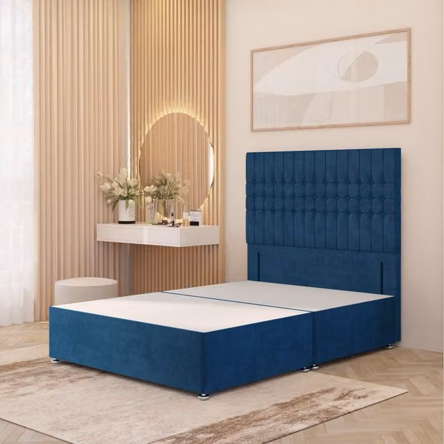 Somnior Beds Ltd Lexington Divan Bed Base with 54 inch Floor Standing Headboard in Blue Plush Velvet, W/D/H: 140 x 200 cm