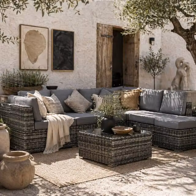 Wyld Haus Rero 8 Piece Grey Rattan Style Modular Corner Sofa Set with Glass Table