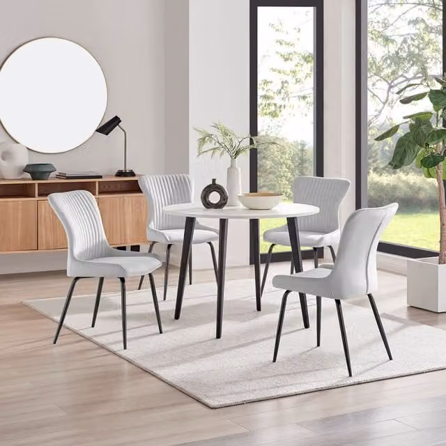 FurnitureboxUK Koko White Melamine Round Dining Table and 4 Nora Black Leg Chairs in Light Grey