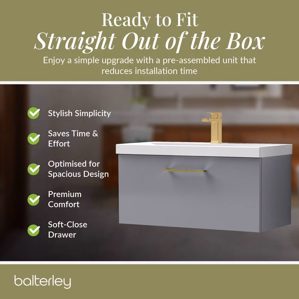 Balterley Wall Mounted Single Drawer Bathroom Vanity Unit with Basin, Matt Grey, W/D/H: 80 x 39 x 39.9 cm – 4