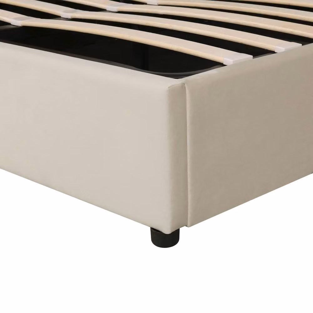 Rolipo Beige Velvet Upholstered Double Bed with Hydraulic Storage W: 135 cm, L: 190 cm – 4