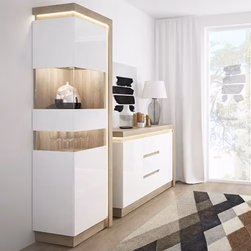 Furniture To Go Lyon Tall Display Cabinet in White High Gloss and Riviera Oak with Integrated Lighting and Glass Doors, H 198.1 x W 59.7 x D 42.0 cm – 2