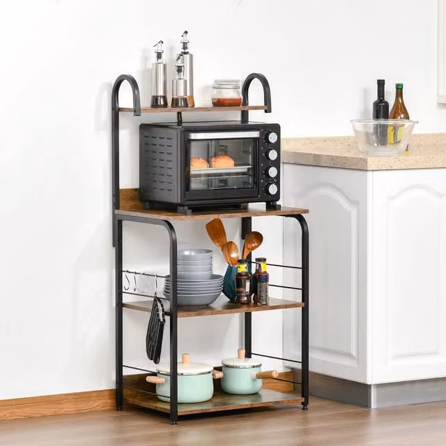 HOMCOM 4-Tier Baker's Rack with Microwave Stand and Hanging Rod, Rustic Brown