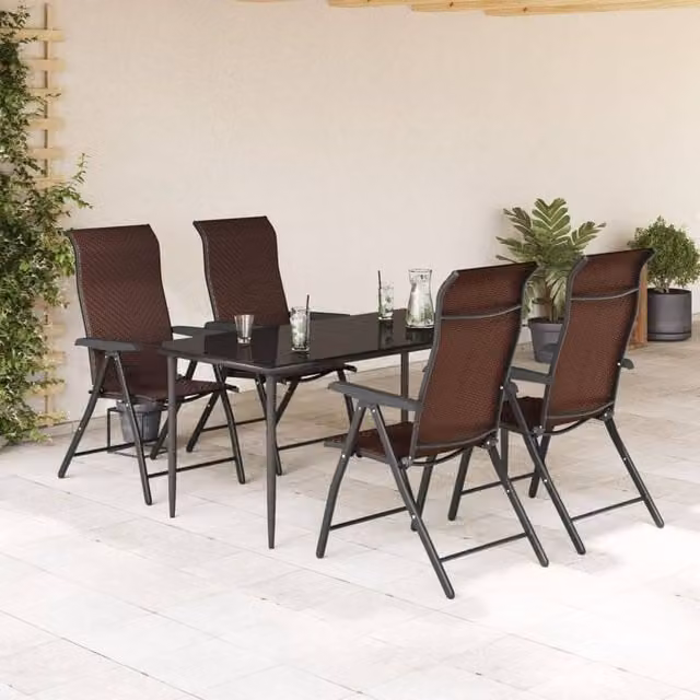 Berkfield Home Beautiful Set of 4 Brown Poly Rattan Folding Garden Chairs with Metal Frame