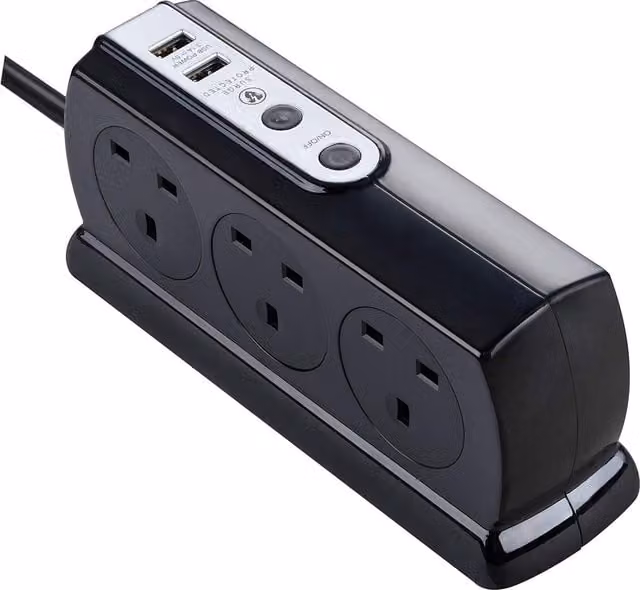 Masterplug 6 Socket Surge Protected Extension Lead with USB Ports, Black