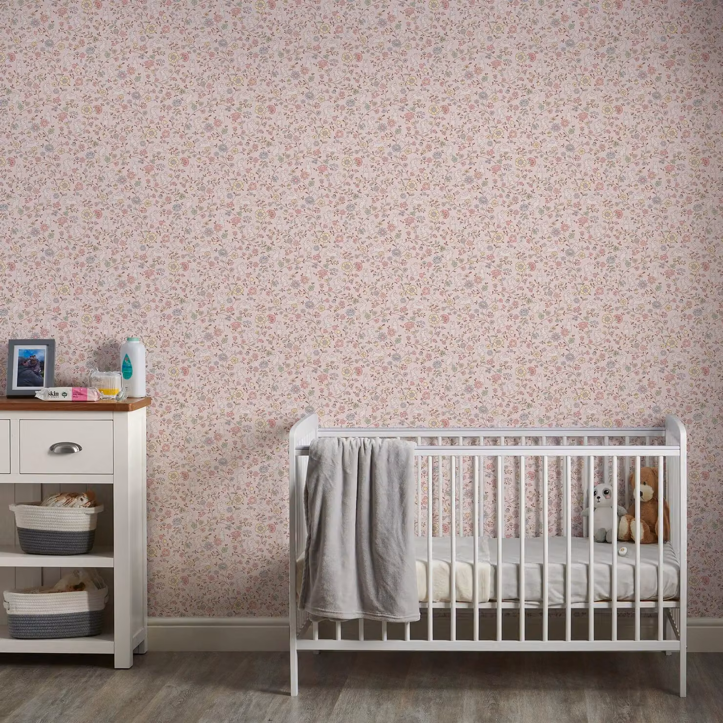 Grandeco Liberty Floral Bunny Trail Nursery Textured Wallpaper in Light Pink, Green, Purple and Beige – 2
