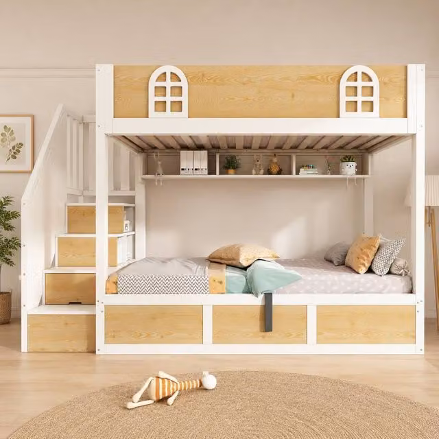 Merax Single Bunk Bed with Storage Stairs and Hydraulic Lift-Up Base in White