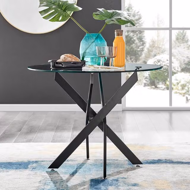 FurnitureboxUK Novara Round 4-Seater Modern Glass and Metal Dining Table in Black, Diameter: 100 cm