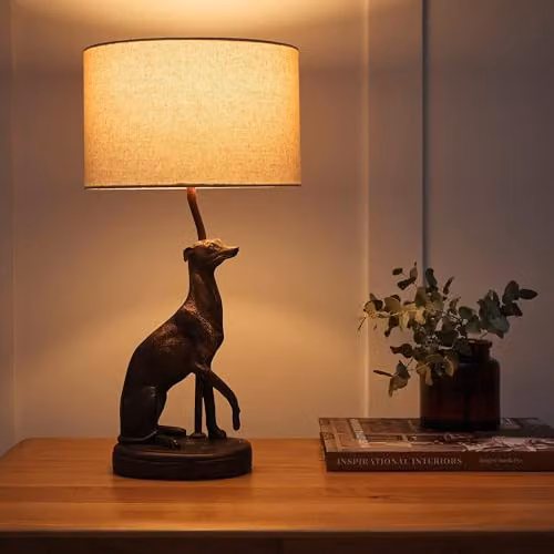 K LIVING Greyhound Antique Copper Resin Table Lamp with Beige Fabric Shade – 2