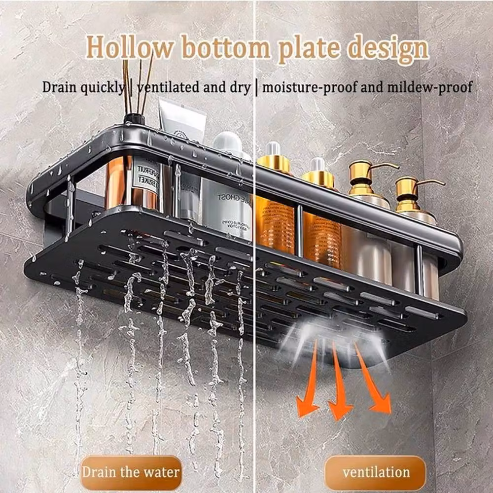 EONLION 2-Piece Black Matt Metal Shower Shelf Set with Hooks – 3