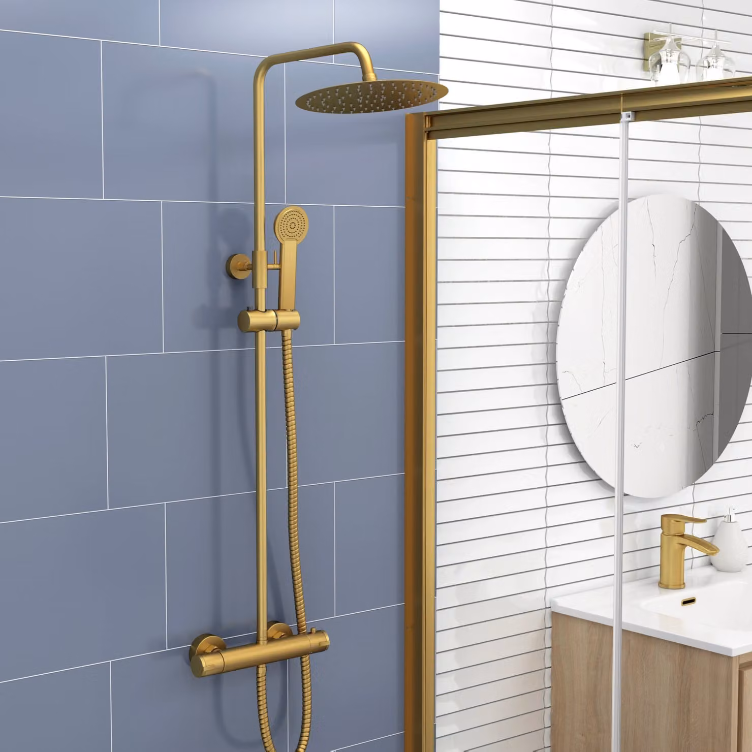 Royal Bathrooms Venice Brushed Brass Round Thermostatic Bar Shower Kit with Hand Shower and Overhead Shower