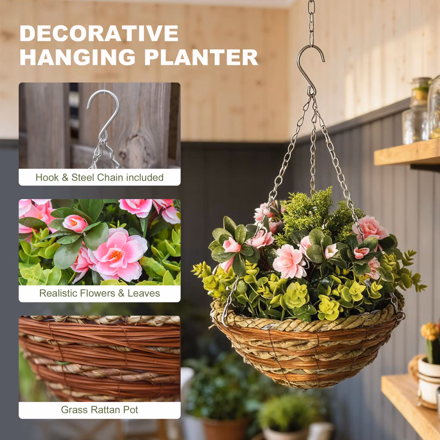 Outsunny Set of 2 Artificial Lisianthus Flowers with Hanging Planter Baskets for Indoor and Outdoor Decoration – 4