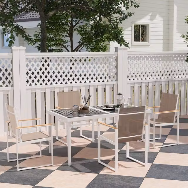 Outsunny 5 Piece Modern White Garden Furniture Set with 4 Armchairs and Glass Top Table