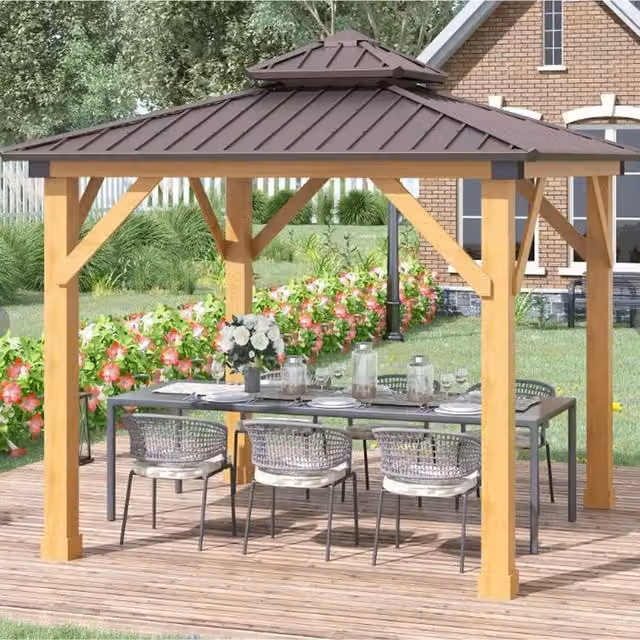 Chilli Seating Brown Outdoor Hardtop Gazebo with 2 Tier Metal Frame, W/D: 300 x 300 cm