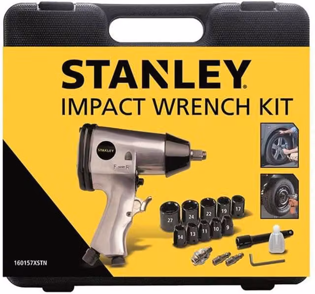 Stanley 1/2in Impact Wrench Kit with 10 Sockets 9-27mm in Silver – 1