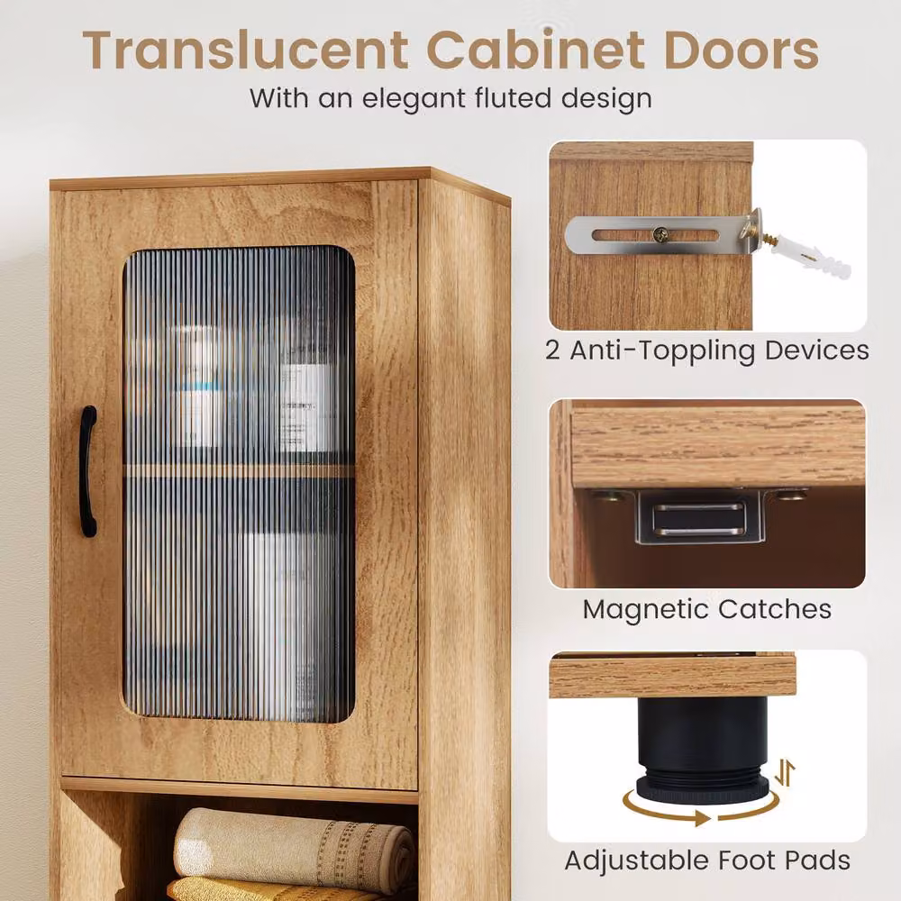Gymax Modern Freestanding Tall Bathroom Storage Cabinet with Glass Doors and Internal Shelves in Brown Wood Finish – 4