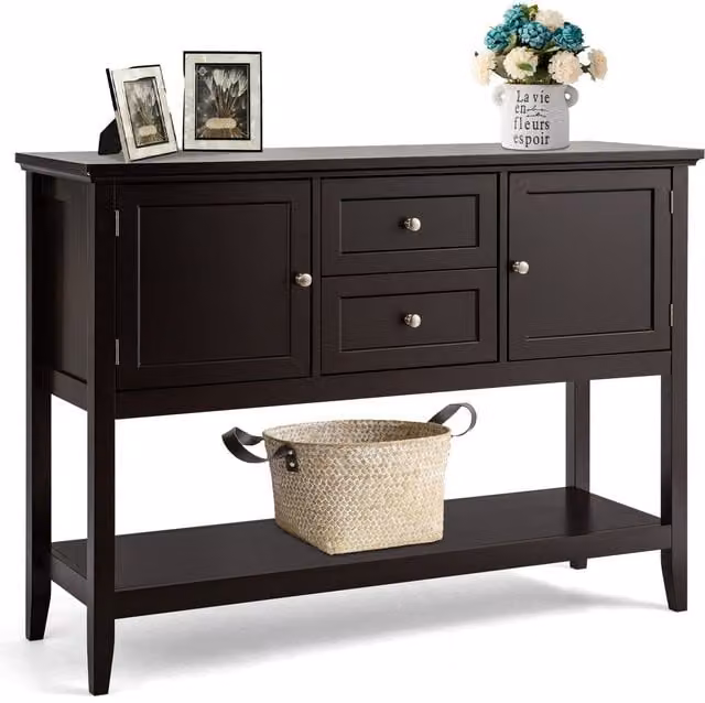 Costway Narrow Console Sofa Table with 2 Drawers and 2 Cabinets in Brown