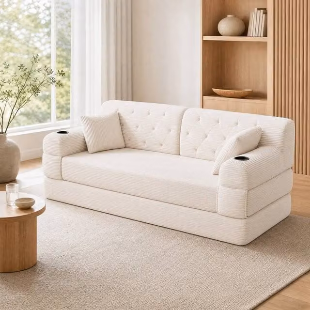 STILVORA Modern Upholstered Sleeper Sofa in Beige with Cup Holders and Metal Frame