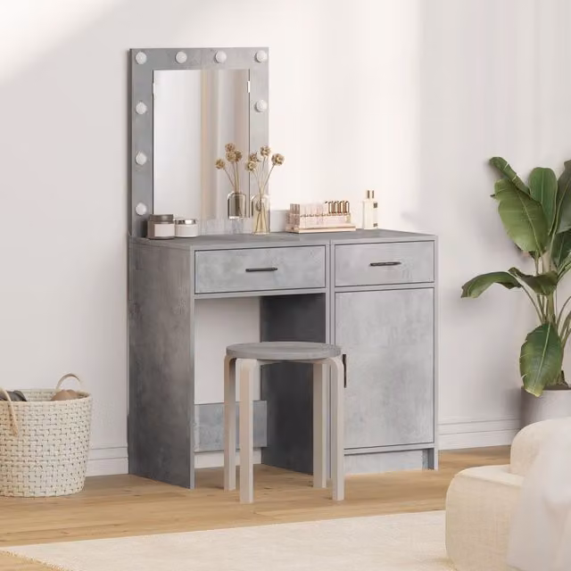 Berkfield Home 2-Piece Modern Hollywood LED Dressing Table Set in Matt Grey Engineered Wood – 1